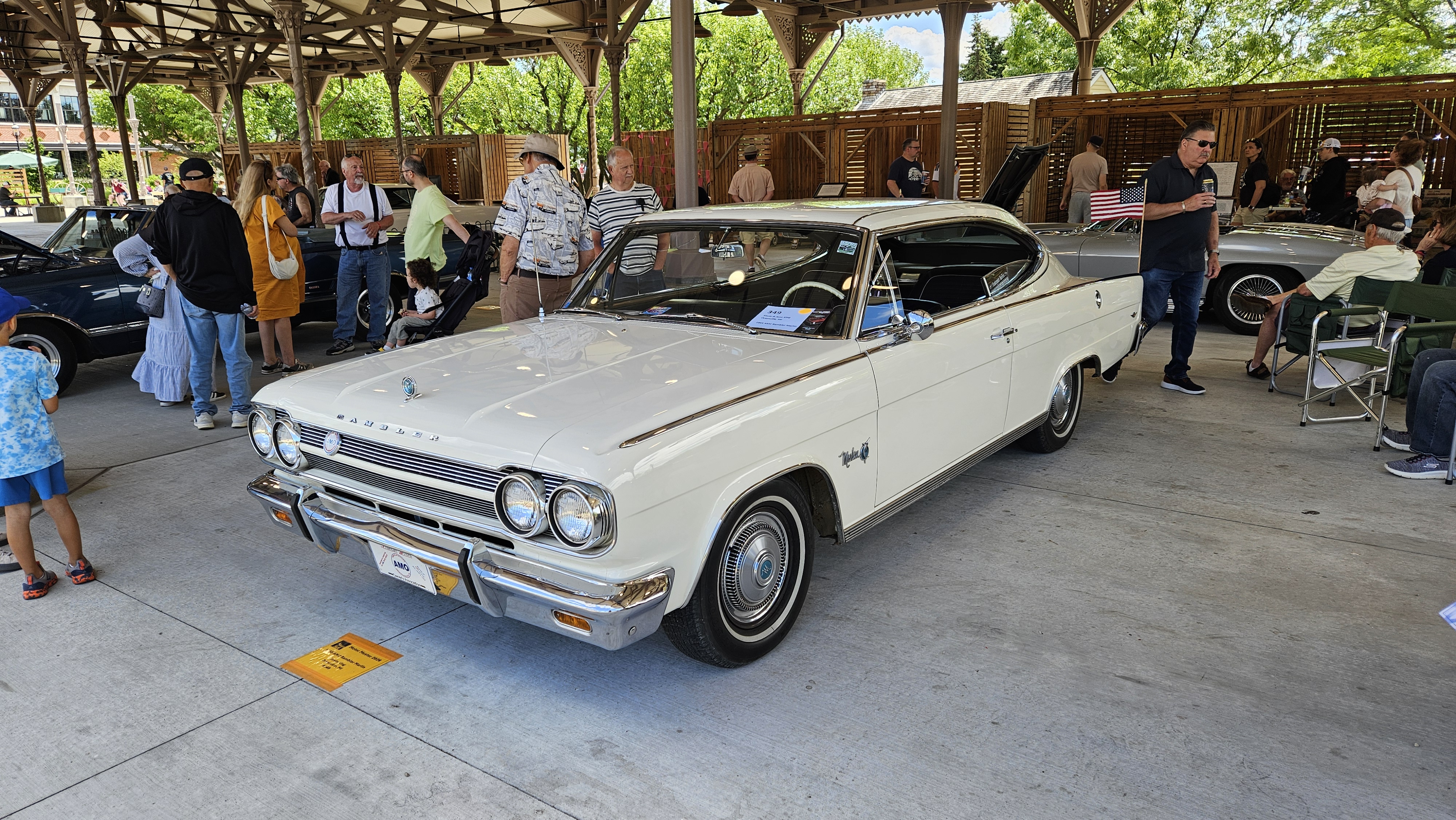 A 1965 AMC Rambler Marlin on display at Detroit Central Market during Motor Muster 2026 in Greenfield Village.