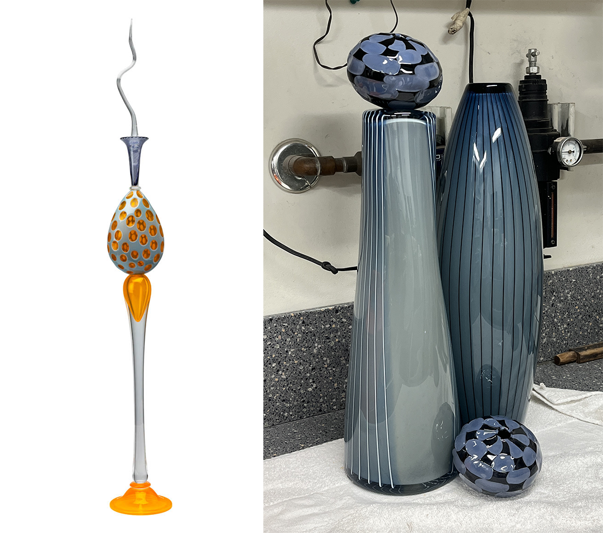 two images of tall glass sculptures