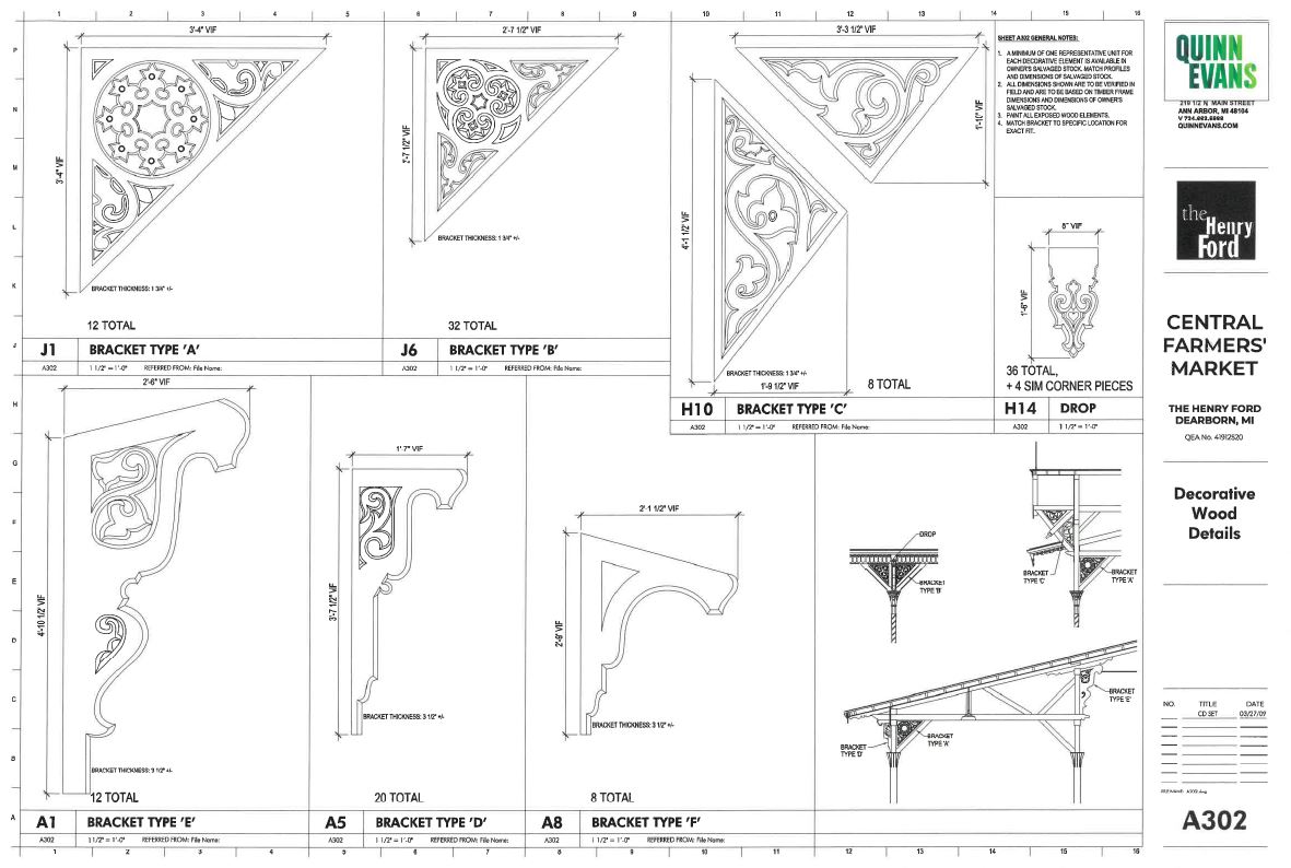 Rendering showing several similar but not identical styles of wooden brackets; also contains text
