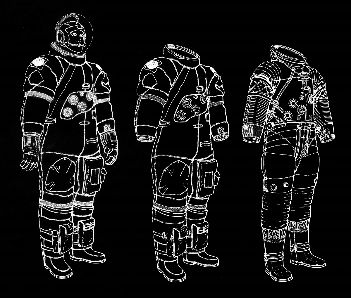 Three white line drawings of spacesuits against a black background