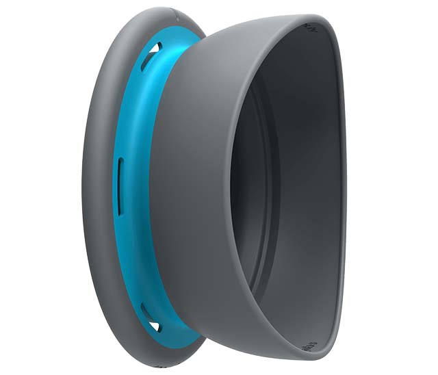 Gray and blue plastic item shaped like a camera lens