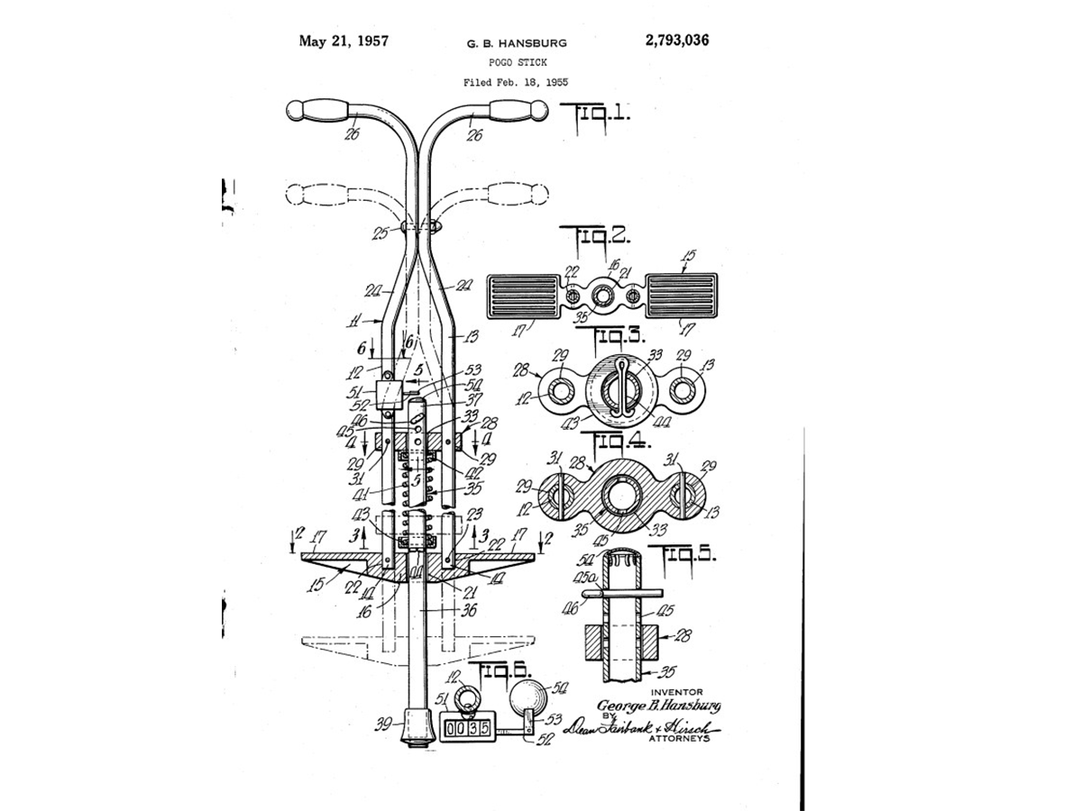 George Hansburg did not invent the pogo stick, but he helped improve it. This illustration of his patent from 1957 shows the horizontal handles that decreased incidences of facial injuries.