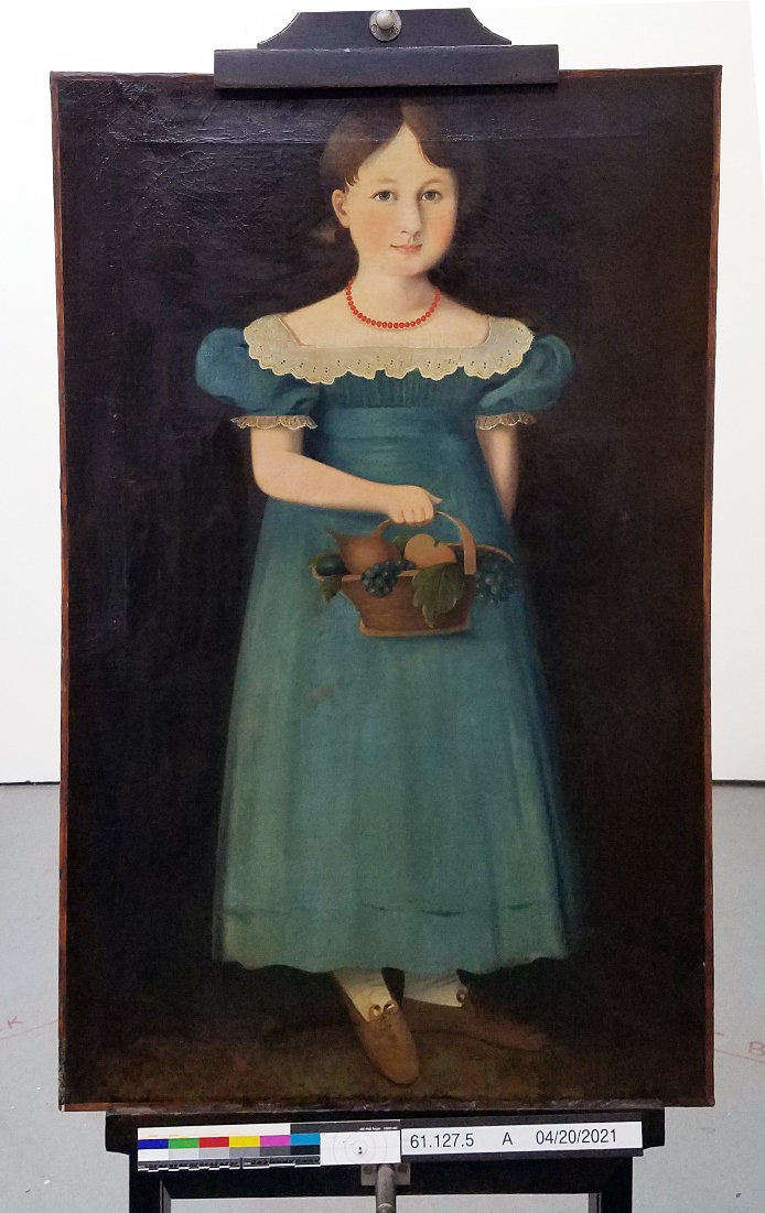 Unframed painting Painting of girl in blue dress holding basket of fruit