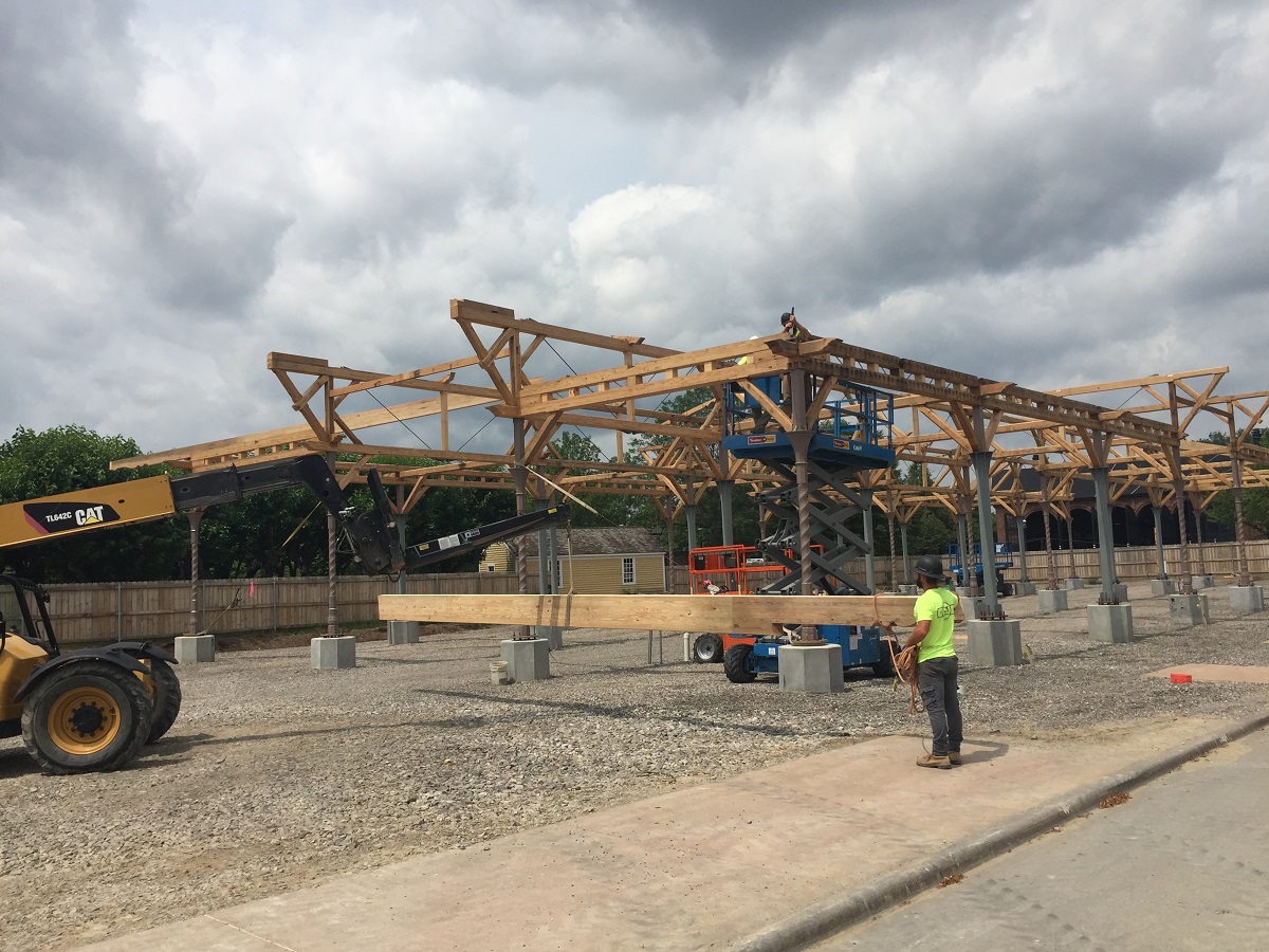 Construction site with building framework, people, and construction equipment