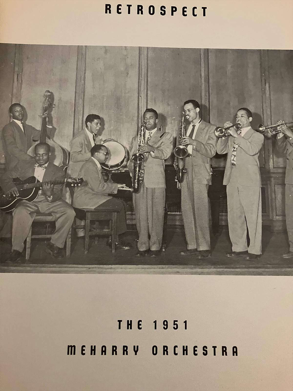An orchestra from the 1951 Meharrian yearbook showing a few men playing various instruments