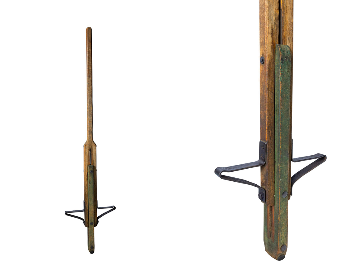 A 1920s pogo stick with a single vertical post, which could cause injuries to the rider's chin.