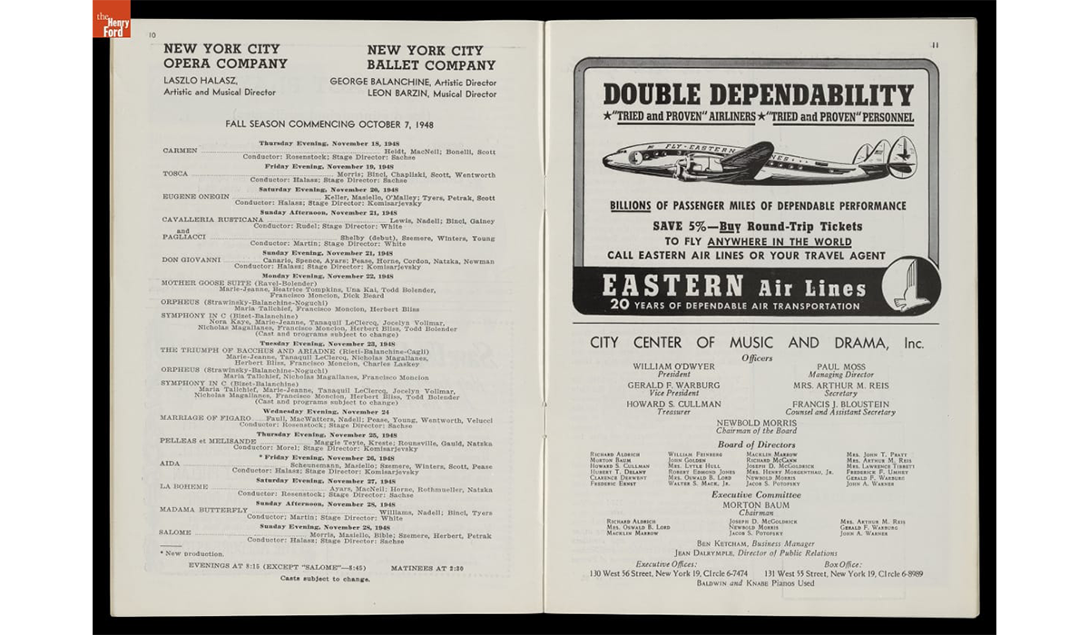 Program from New York City Center of Music and Drama, November 1948, featuring New York City Ballet's schedule of Balanchine-choreographed performances