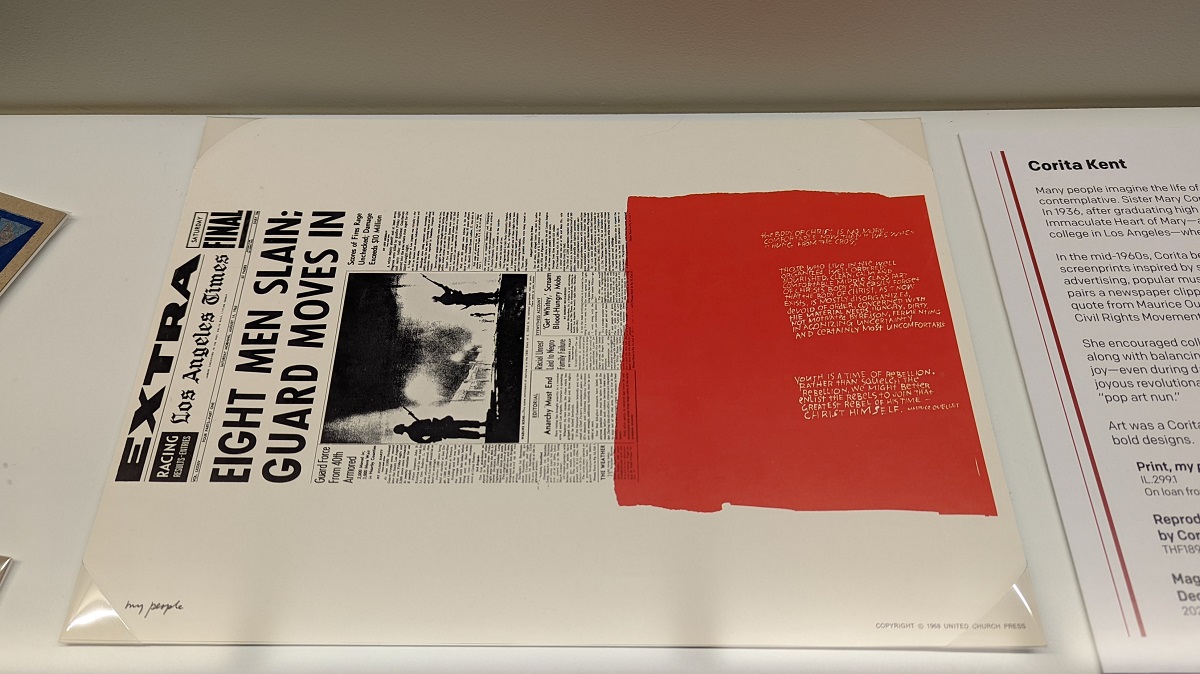 Print where left half appears to be a newspaper article and right portion is red with text