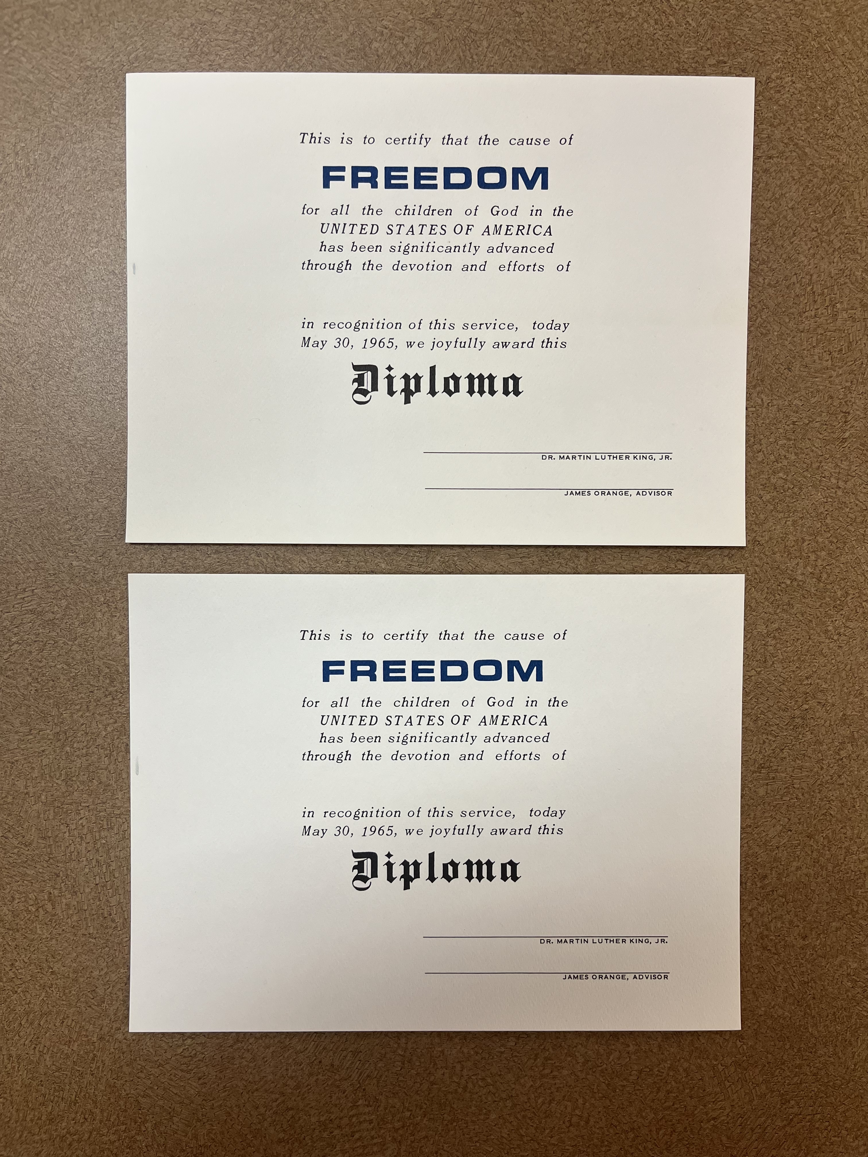 A Freedom Diploma designed by Carl Benkert for the Southern Christian Leadership Conference (SCLC), presented during a special ceremony in Selma, Alabama, in May 1965.