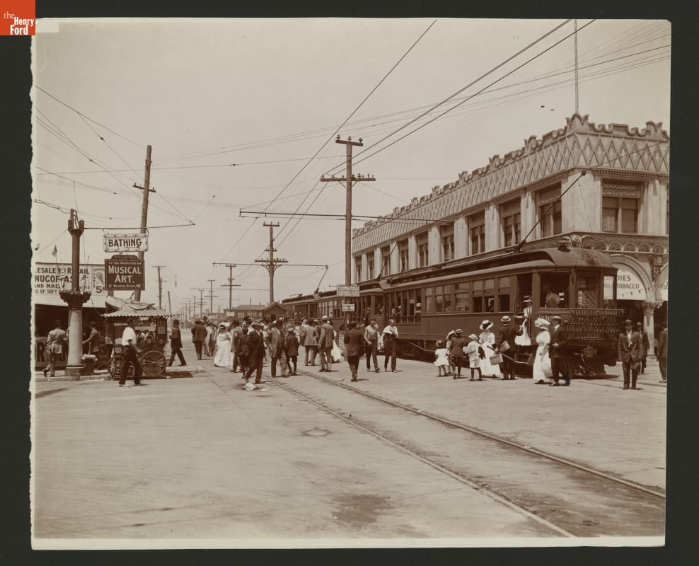 thf104077 Passengers Exiting Electric Streetcar at Venice, California, 1910