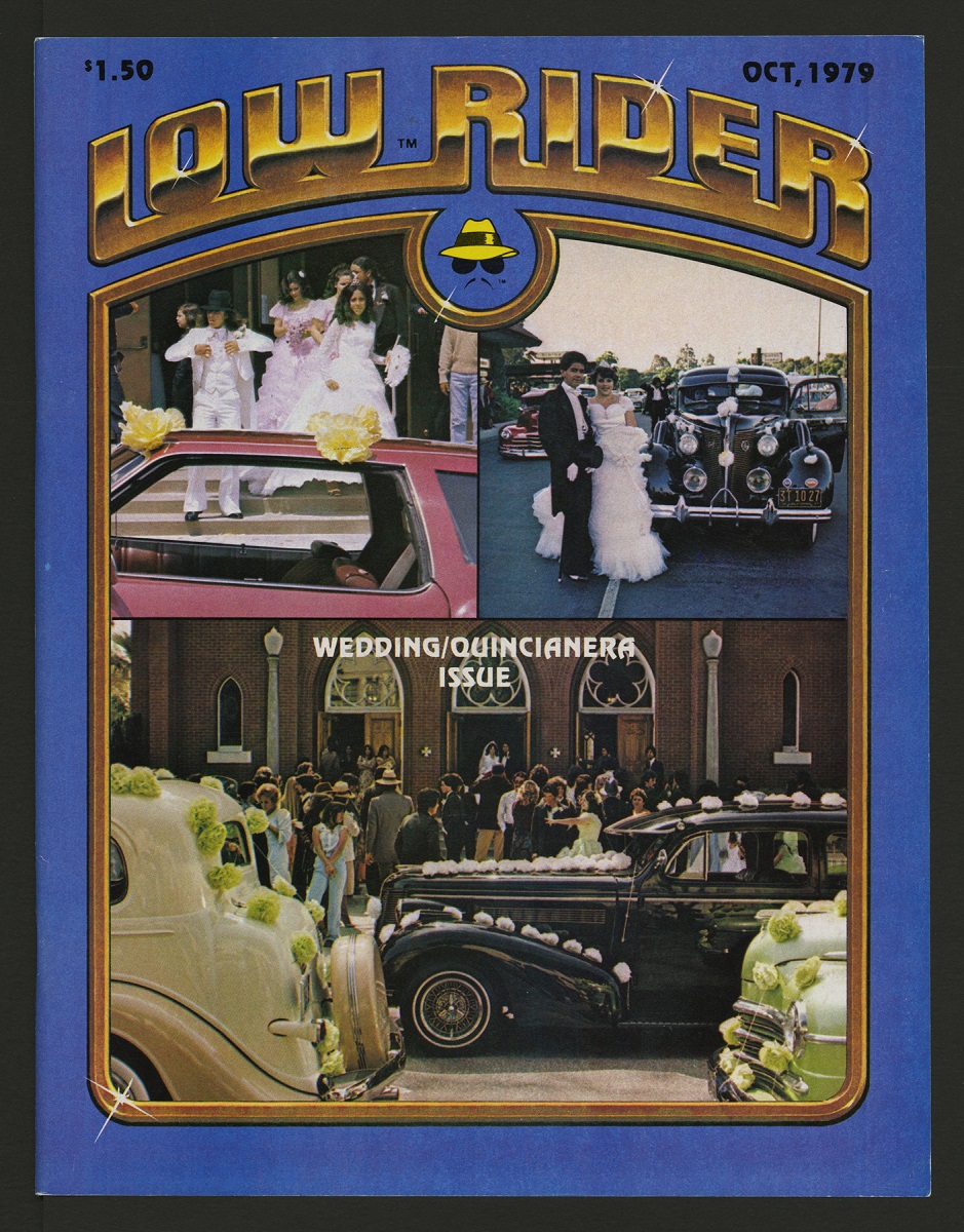 Blue magazine cover with three photos of people in formal dress with decorated cars; also contains text