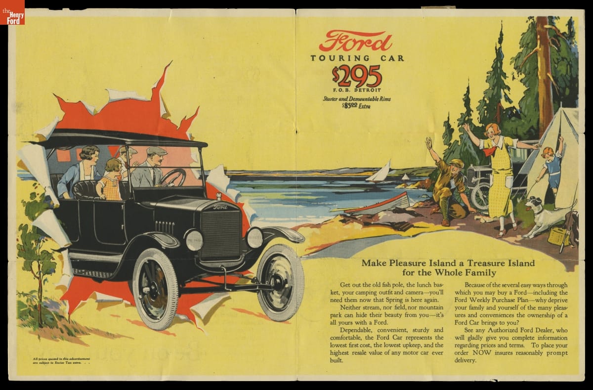 Two-page spread with yellow advertisement with text and image of people in car 