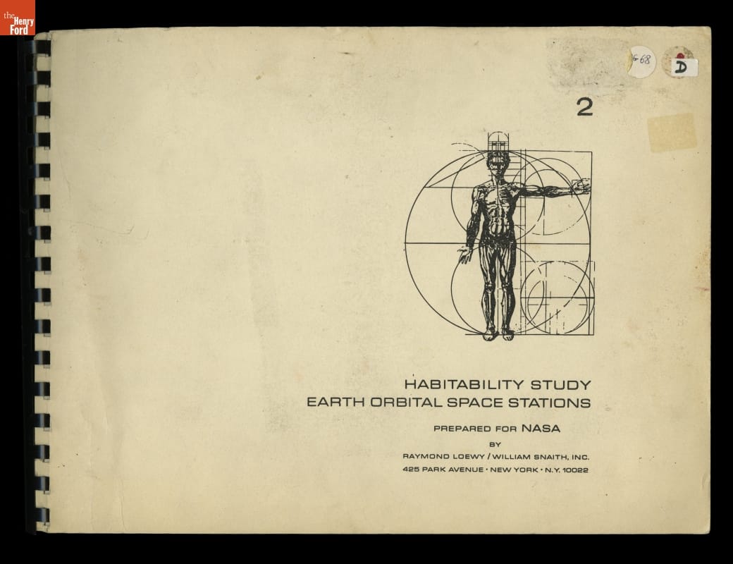 Report, Page with spiral binding at left edge, text, and image of human figure with interlinked circles similar to Da Vinci's Vitruvian Man