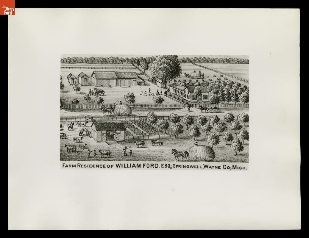Print showing house and barns, orchards, cows, horses pulling wagons full of hay