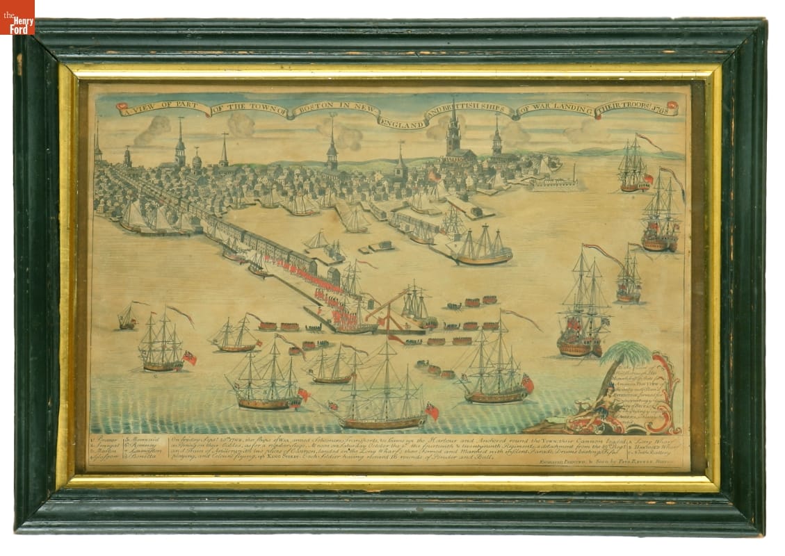 Engraving, Framed print of ships in water near docks in a town or city