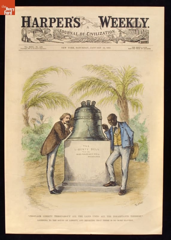 Cover with text and image of Black man and white man standing on either side of a large bell