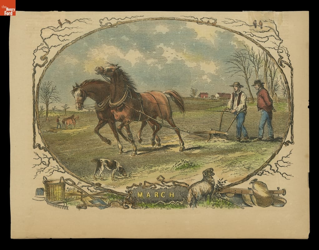 Wood Engraving, Oval illustration showing two horses and two men plowing a field with another team and farmhouse in the background; contains text