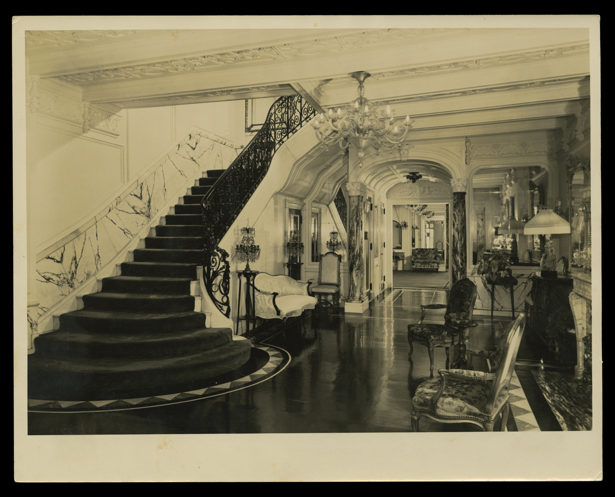 Peggy Hoyt Salon, New York City, 1925-1935 Interior of upscale mansion with sweeping staircase and luxurious furnishings