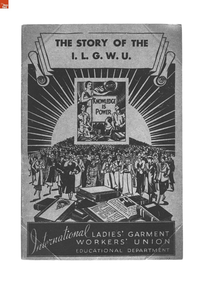 Cover with large crowd of women, each carrying a book, with a table filled with books in the foreground; smaller inset image with more women and text 