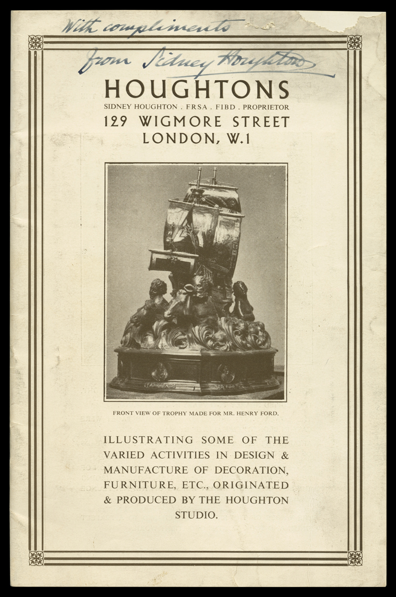 Page with text and image of sculpture of ship surrounded by human figures in the waves, one sounding a conch-shell horn
