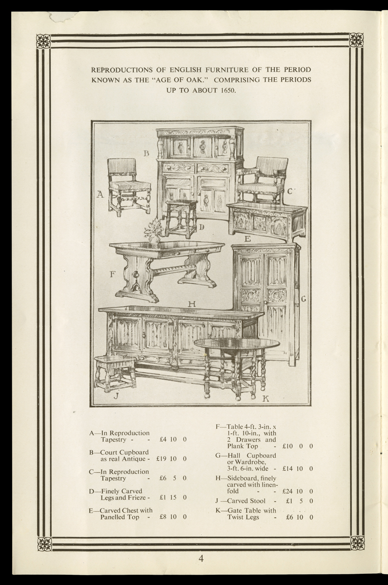 Page with line drawings of furniture with textual key underneath