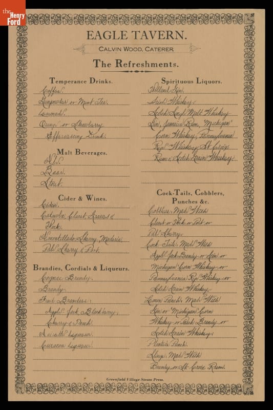 Menu from Eagle Tavern, Greenfield Village, 1982, Menu with printed and handwritten text and decorative border