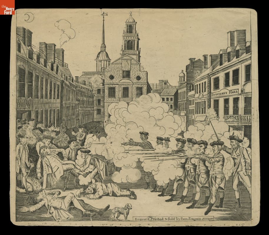 The Bloody Massacre Perpetrated in King-Street, Boston on March 5th, 1770 Black-and-white print of soldiers firing on people in a town square or street