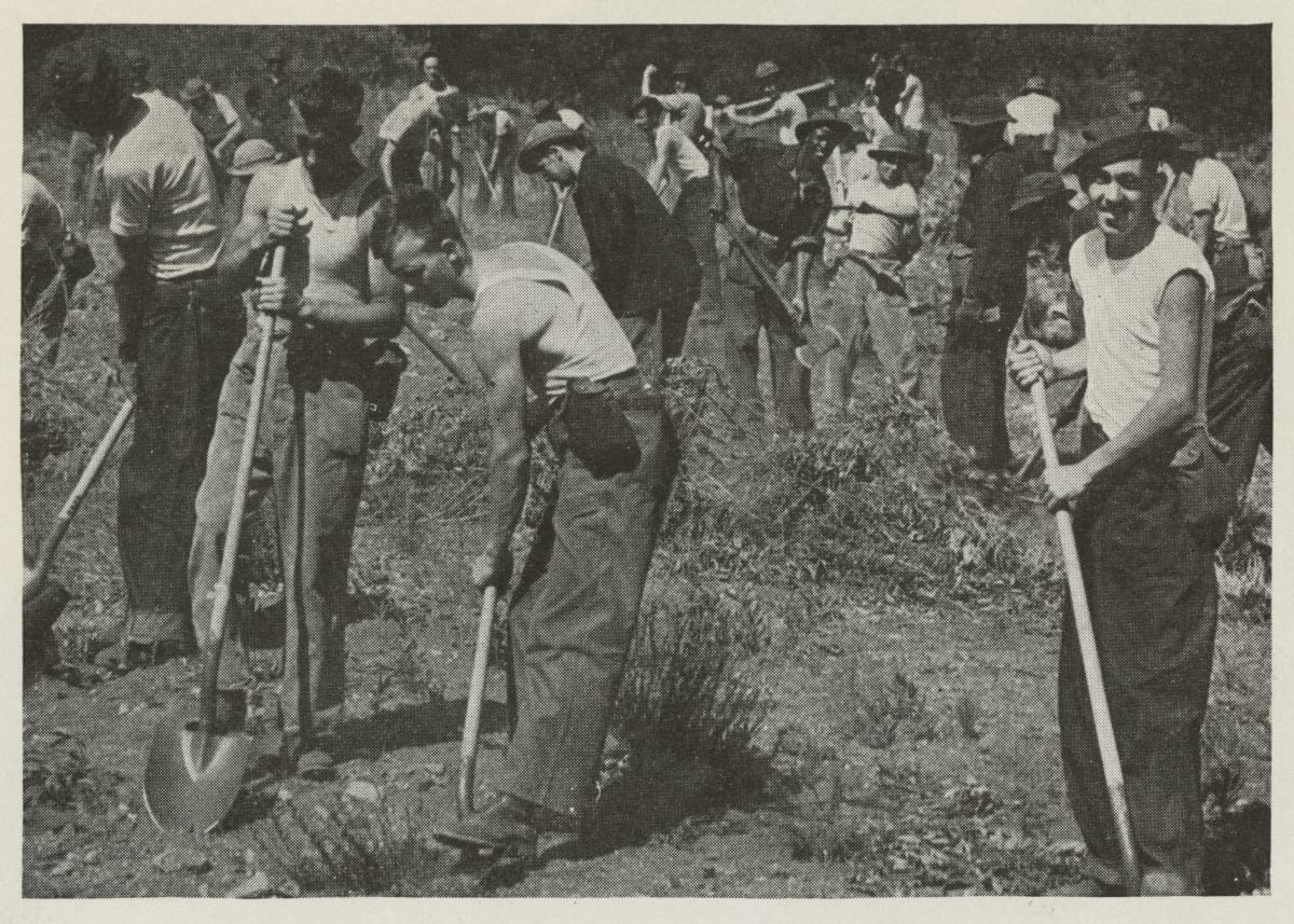 Franklin D. Roosevelt Campaign Booklet, Black-and-white photo of men with shovels dig in a clearing