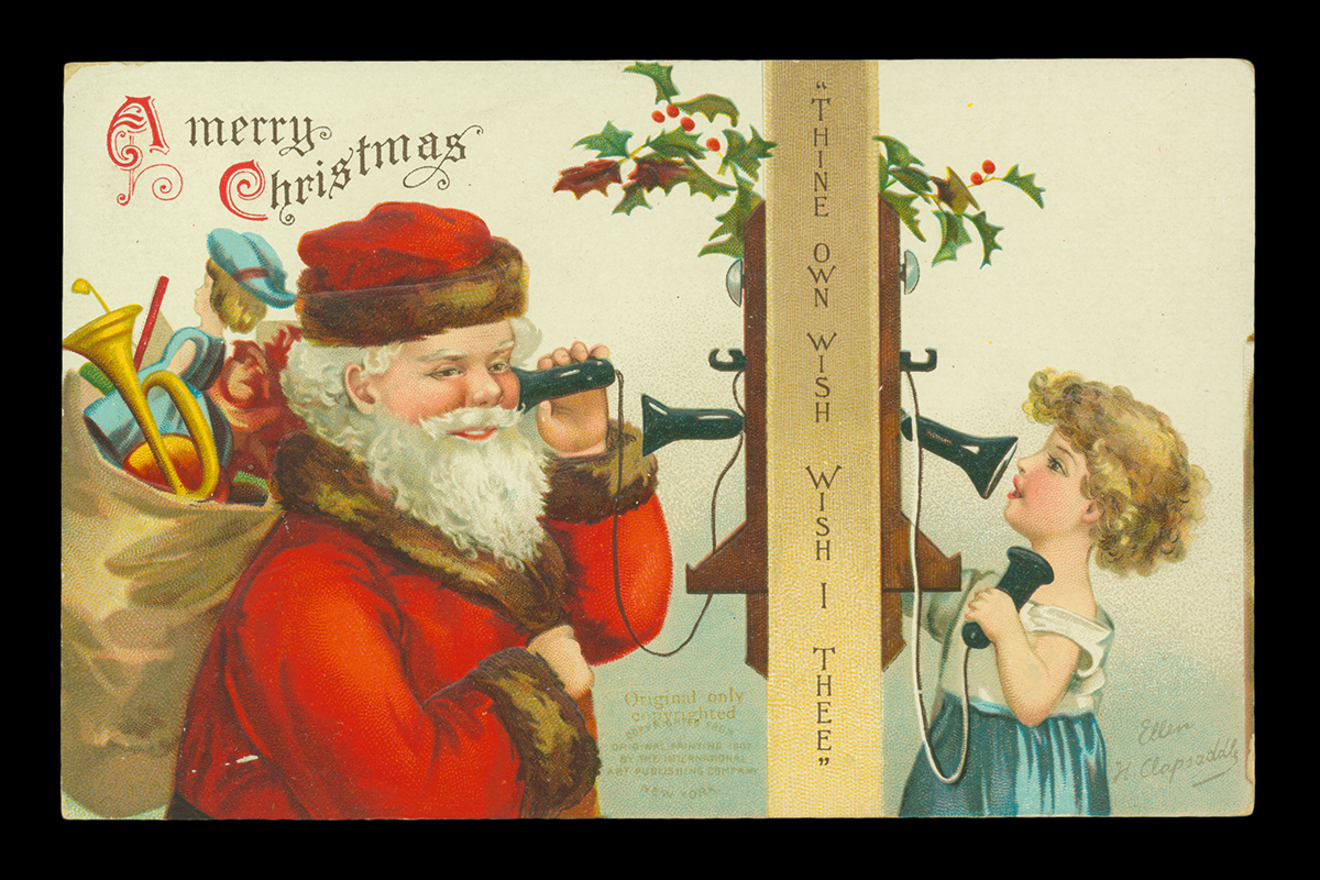 Postcard with Santa with sack of toys on his back on left side and young child on right side, talking to each other on old-fashioned telephones; also contains text 