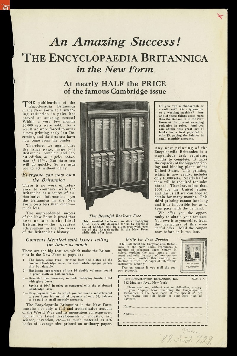 Page with text and image of glass-fronted bookcase filled with books