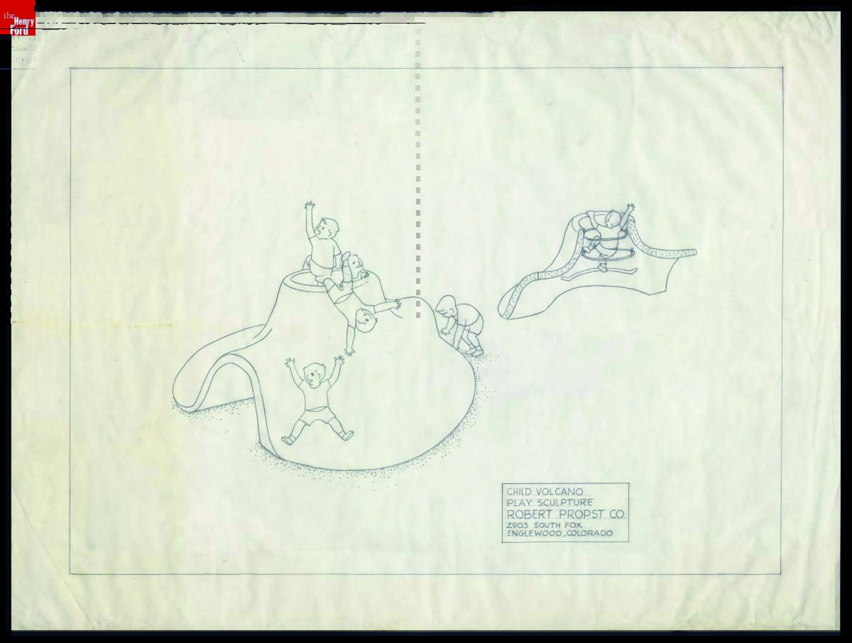 Design line drawing of a organic, sort of dome-shaped structure with an opening at the cone-like top and openings on either side, with children playing on/in it; also contains text