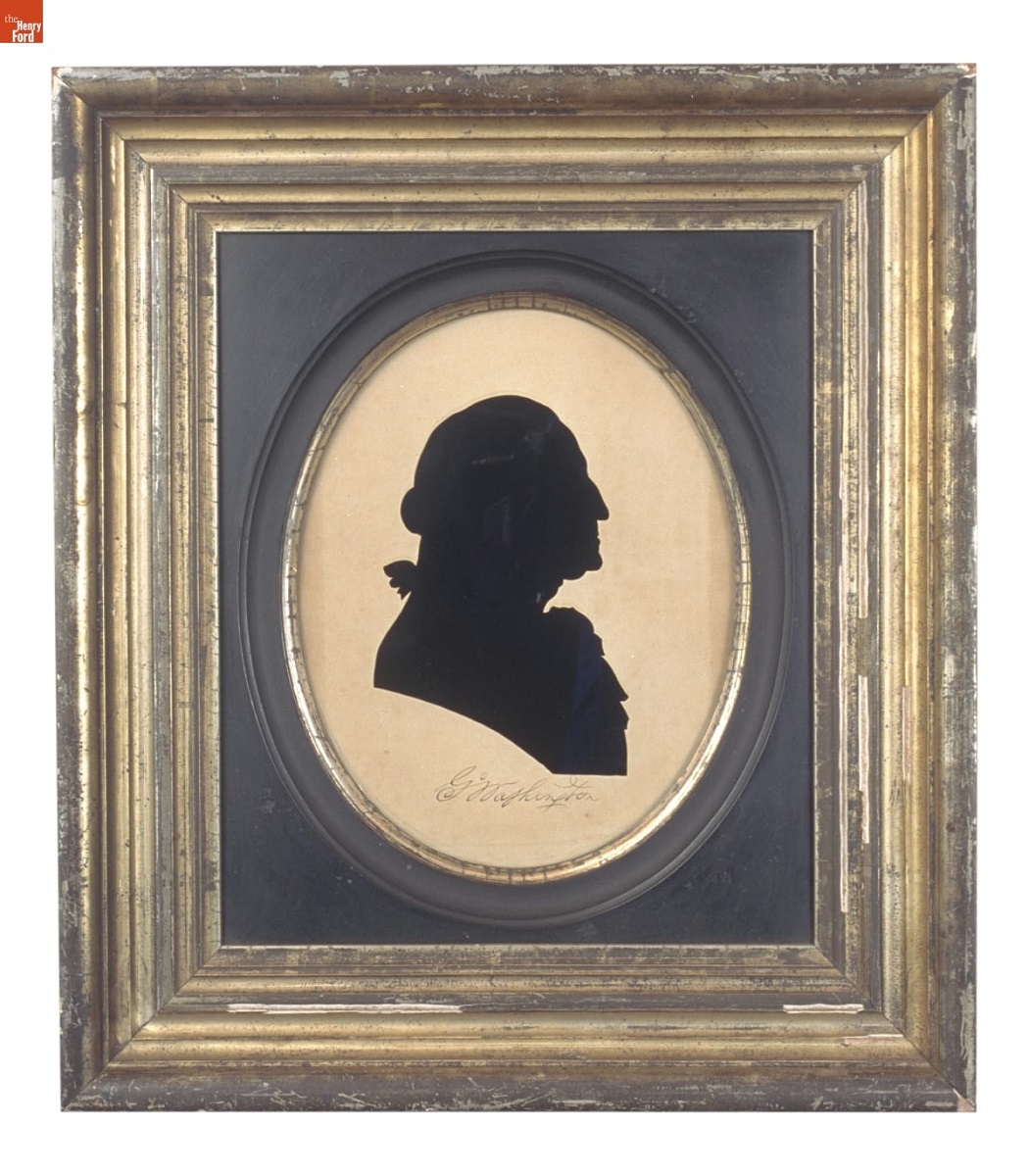 Silhouette of George Washington, 1775-1800 Black silhouette of person's head and shoulders, oval-matted and in ribbed gold frame
