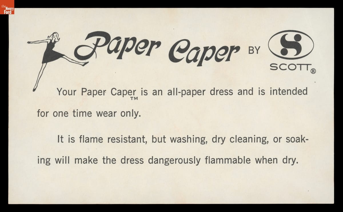 Label with small image of woman in black dress and text