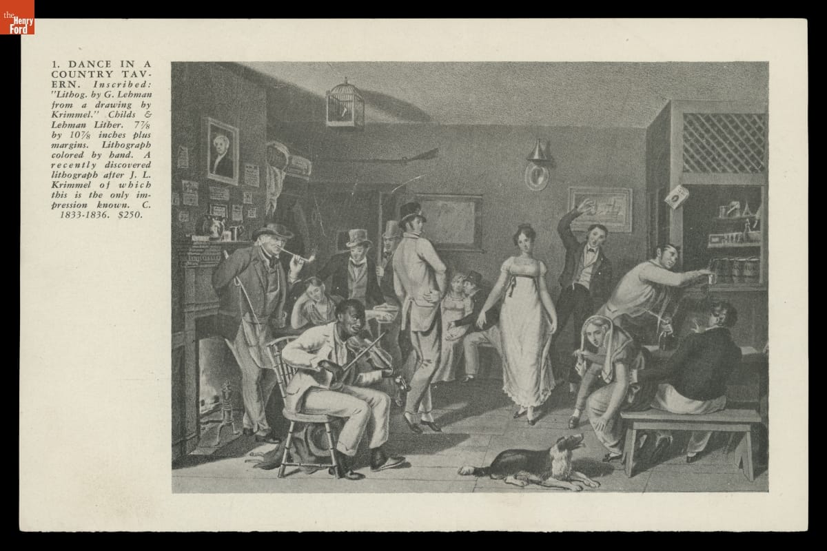 The Print Print of people dancing, playing music, and drinking in a barroom with a fireplace; also contains text