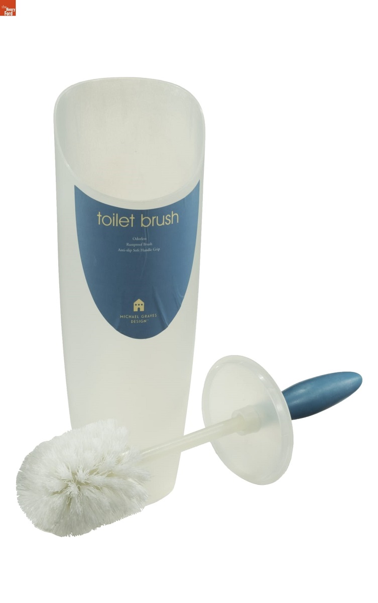 Semi-opaque white plastic toilet brush and holder with blue sticker on receptacle and blue handle on brush