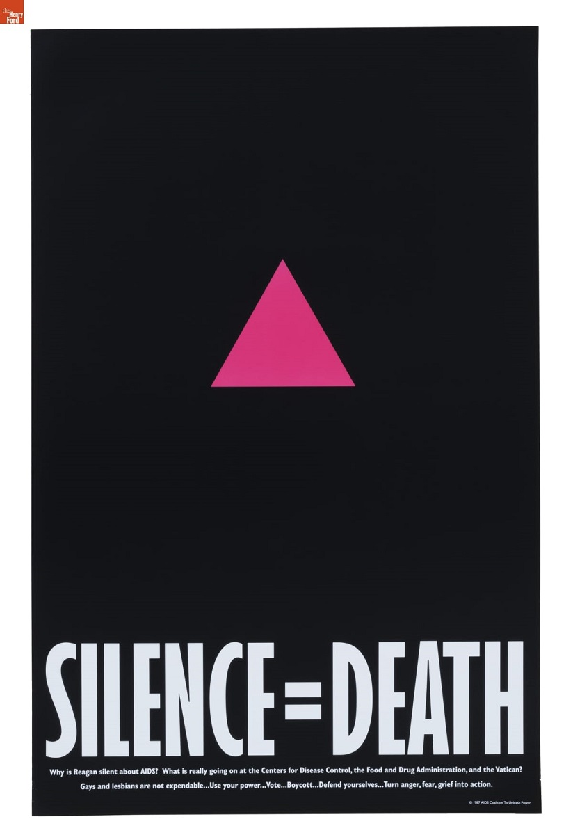 Black poster with pink triangle and text 