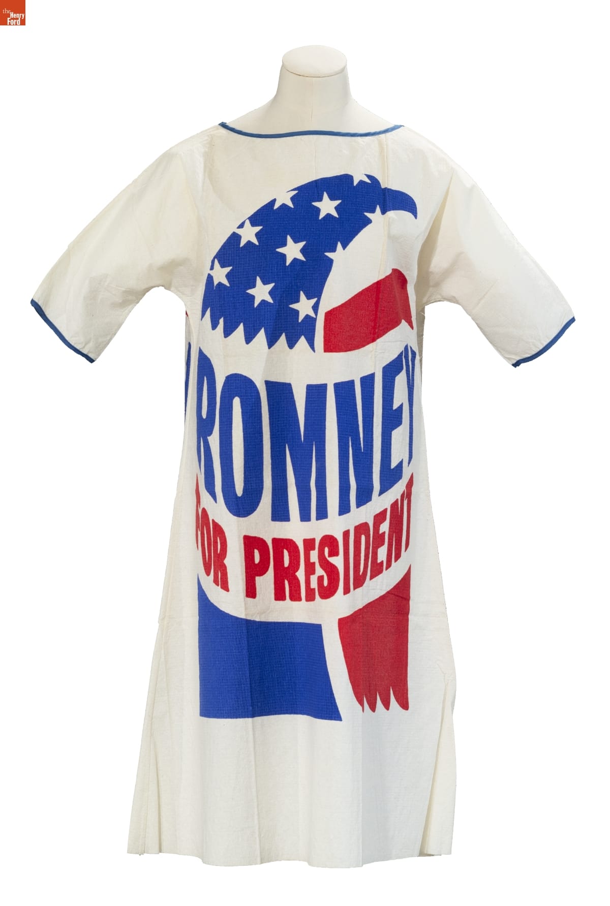White dress with a large stylistic eagle in blue, red, and white stars, with text “Romney for President” forming part of the body