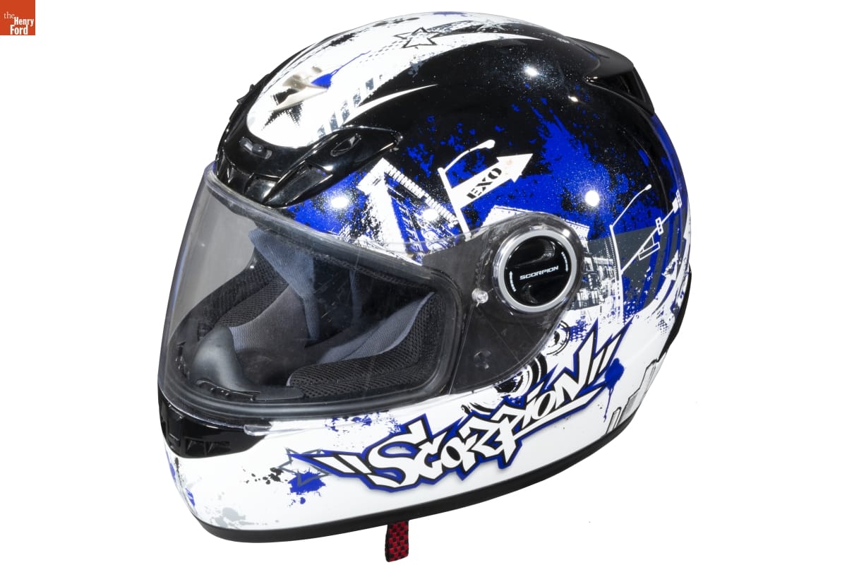 White, blue, and black helmet with 