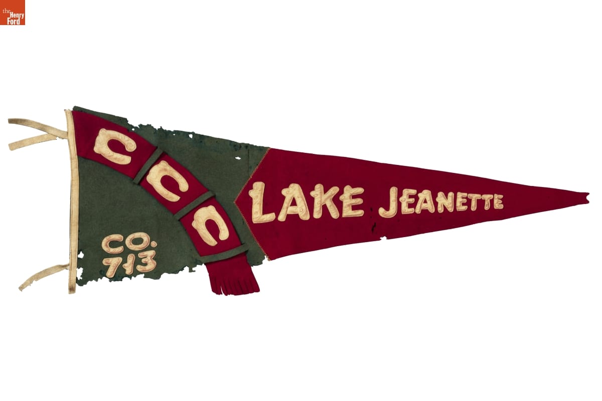 Civilian Conservation Corps Gray and maroon pennant with text