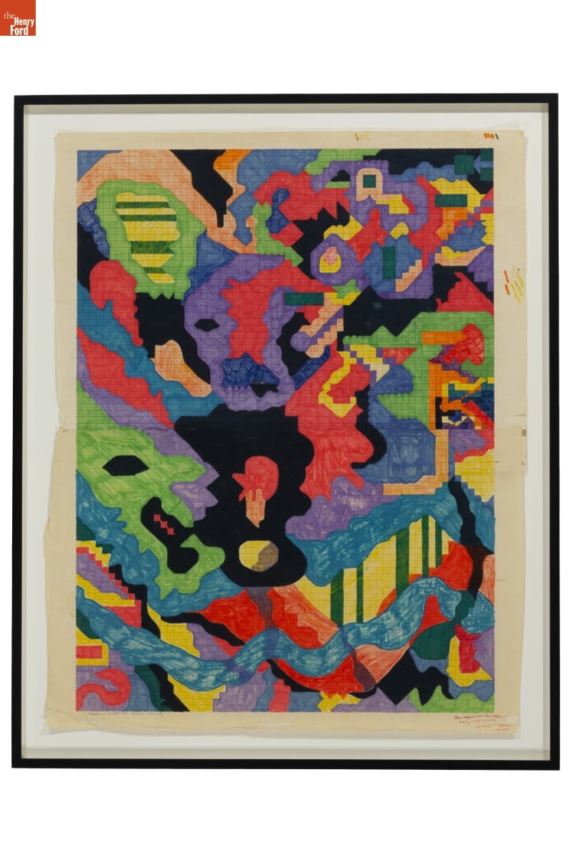 Framed artwork filled with colorful abstract shapes
