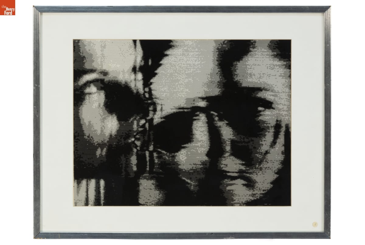 Black-and-white print showing two or three views of a woman's face, pixellated