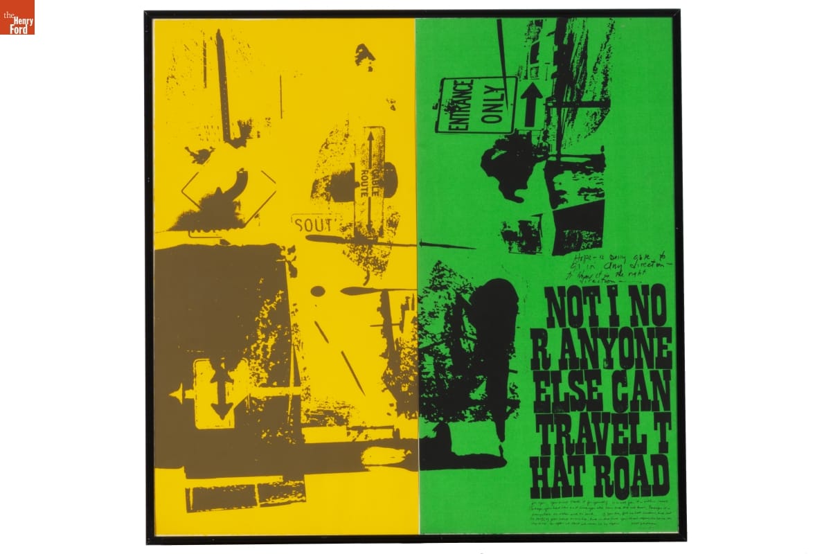Green and yellow print with images and text