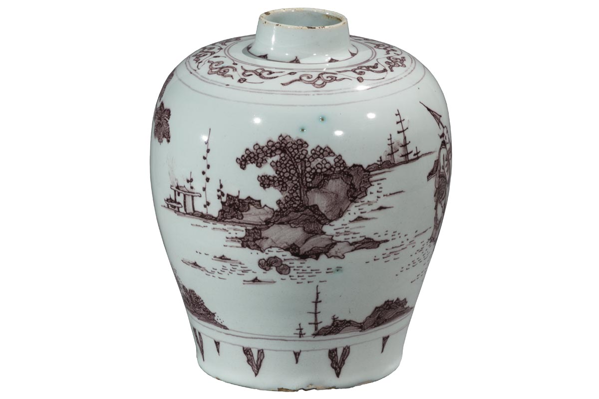 Storage Jar, 1710-1750 White jar with medium base tapering out to wider near top with a narrow mouth; decorated in brown with water, cliffs, trees, buildings, ships