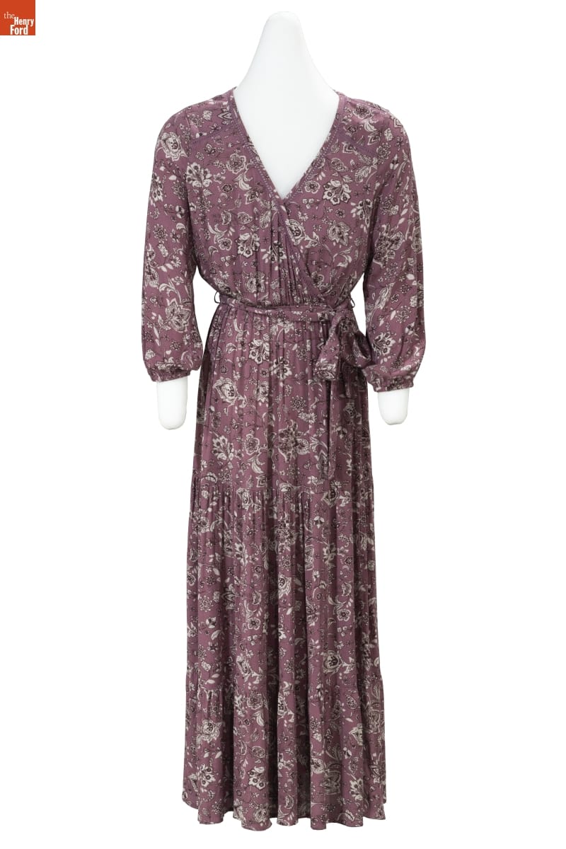 Knox Rose Dress, circa 2019 Floor-length, long-sleeved, v-necked purple dress with lavender and black paisley pattern and tie at waist