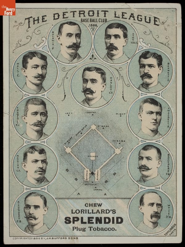 Trade Card for the Detroit League Base Ball Club, Sponsored by Card with portraits of 11 men, text, and image of baseball diamond