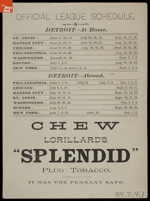 Trade Card for the Detroit League Base Ball Club, Sponsored by Page with text