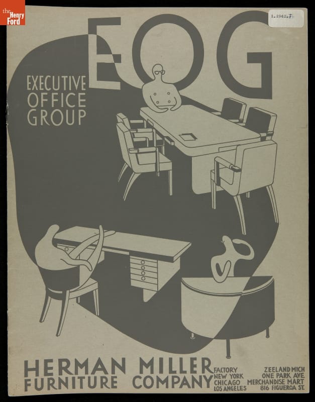 Page with text and stylized drawings of human figures at desks and tables