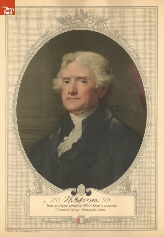 Oval portrait of white-haired man in black coat and white shirt on a page with decorative elements and text