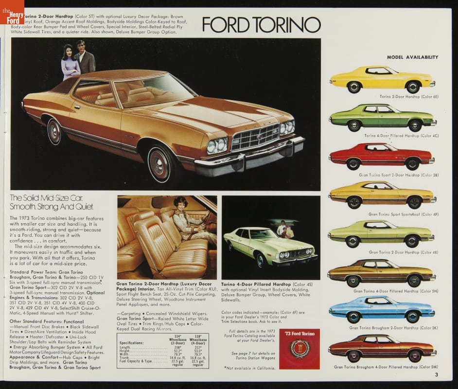 Page from magazine or catalog with images of Ford Torino cars and text