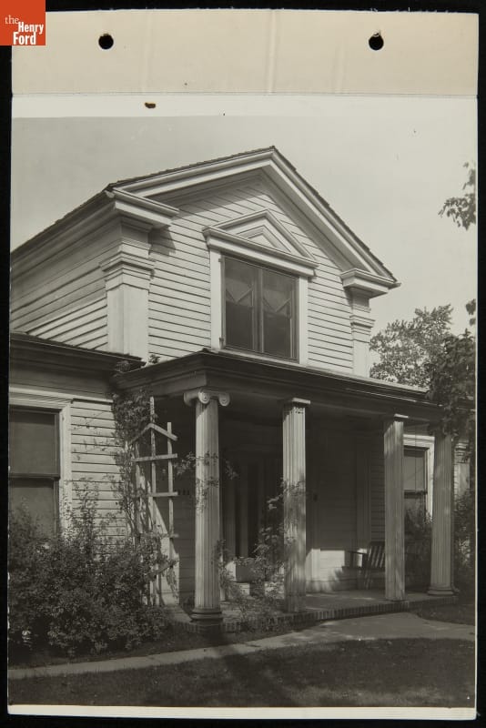 Robert Frost Home on Original Site, Ann Arbor, Michigan, 1923 Front of two-story wooden house with porch with columns